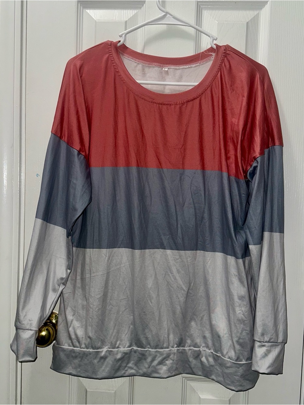 Colorblock Long-Sleeve Scoop Neck Top - Coral, Gray, Light Gray
